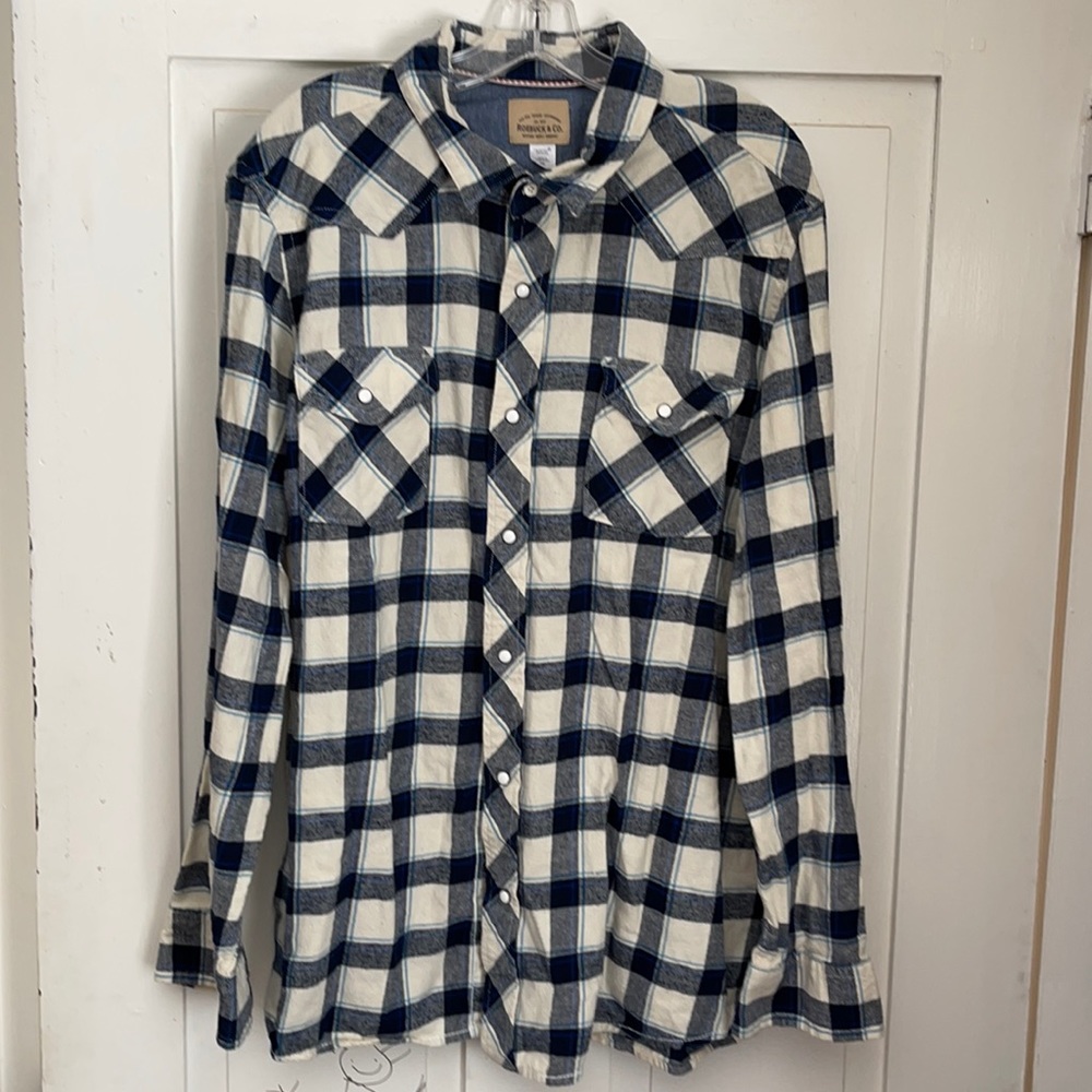 Roebuck & Co. Men’s Long Sleeve Flannel Shirt Plaid Pearl SNAP front XXL